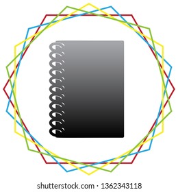 Notebook simple sign. Vector. Black icon with patch of light inside colorful hexagonal frames at white background.