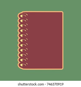 Notebook simple sign. Vector. Cordovan icon and mellow apricot halo with light khaki filled space at russian green background.
