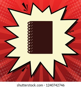 Notebook simple sign. Vector. Dark red icon in lemon chiffon shutter bubble at red popart background with rays.