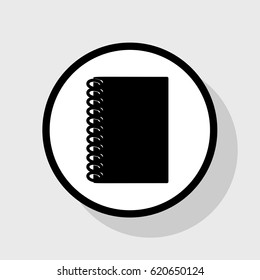 Notebook simple sign. Vector. Flat black icon in white circle with shadow at gray background.