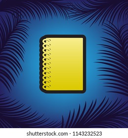 Notebook simple sign. Vector. Golden icon with black contour at blue background with branches of palm trees.