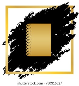 Notebook simple sign. Vector. Golden icon at black spot inside golden frame on white background.