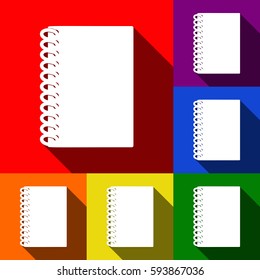 Notebook simple sign. Vector. Set of icons with flat shadows at red, orange, yellow, green, blue and violet background.