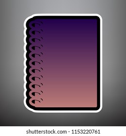 Notebook simple sign. Vector. Violet gradient icon with black and white linear edges at gray background.