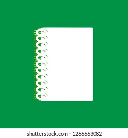 Notebook simple sign. Vector. White flat icon with yellow striped shadow at green background.