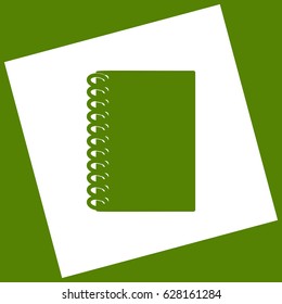 Notebook simple sign. Vector. White icon obtained as a result of subtraction rotated square and path. Avocado background.