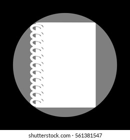 Notebook simple sign. White icon in gray circle at black background. Circumscribed circle. Circumcircle.