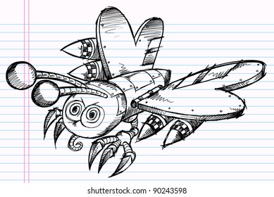 Notebook Sketch Doodle Battle Robot Butterfly Drawing Vector Illustration Art