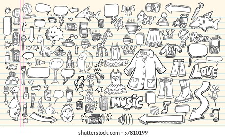 Notebook sketch Doodle Clip art Design Elements  Vector Illustration Set with music flowers cameras business speech bubbles tools