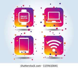 Notebook and smartphone icons. Smart watch symbol. Wi-fi sign. Wireless Network symbol. Mobile devices. Colour gradient square buttons. Flat design concept. Vector