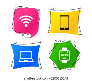Notebook and smartphone icons. Smart watch symbol. Wi-fi and battery energy signs. Wireless Network symbol. Mobile devices. Geometric colorful tags. Banners with flat icons. Trendy design. Vector