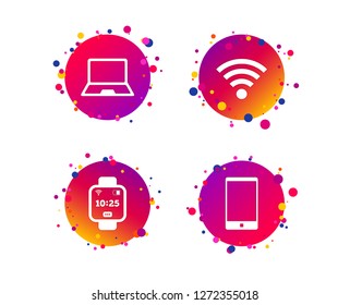 Notebook and smartphone icons. Smart watch symbol. Wi-fi and battery energy signs. Wireless Network symbol. Mobile devices. Gradient circle buttons with icons. Random dots design. Vector