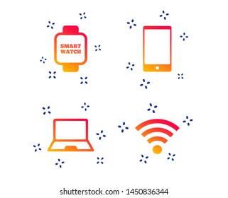 Notebook and smartphone icons. Smart watch symbol. Wi-fi sign. Wireless Network symbol. Mobile devices. Random dynamic shapes. Gradient smartphone icon. Vector