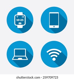 Notebook and smartphone icons. Smart watch symbol. Wi-fi and battery energy signs. Wireless Network symbol. Mobile devices. Circle concept web buttons. Vector