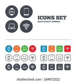 Notebook and smartphone icons. Smart watch symbol. Wi-fi sign. Wireless Network symbol. Mobile devices. Web buttons set. Circles and squares templates. Vector