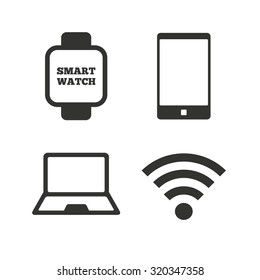 Notebook and smartphone icons. Smart watch symbol. Wi-fi sign. Wireless Network symbol. Mobile devices. Flat icons on white. Vector
