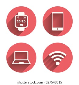 Notebook and smartphone icons. Smart watch symbol. Wi-fi and battery energy signs. Wireless Network symbol. Mobile devices. Pink circles flat buttons with shadow. Vector