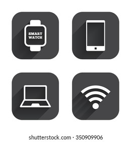 Notebook and smartphone icons. Smart watch symbol. Wi-fi sign. Wireless Network symbol. Mobile devices. Square flat buttons with long shadow.