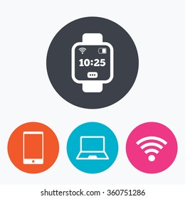 Notebook and smartphone icons. Smart watch symbol. Wi-fi and battery energy signs. Wireless Network symbol. Mobile devices. Circle flat buttons with icon.