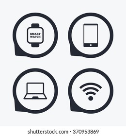 Notebook and smartphone icons. Smart watch symbol. Wi-fi sign. Wireless Network symbol. Mobile devices. Flat icon pointers.