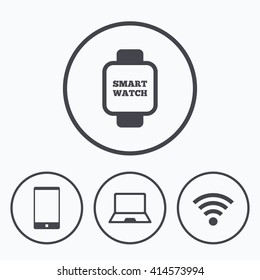 Notebook and smartphone icons. Smart watch symbol. Wi-fi sign. Wireless Network symbol. Mobile devices. Icons in circles.