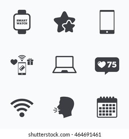 Notebook and smartphone icons. Smart watch symbol. Wi-fi sign. Wireless Network symbol. Mobile devices. Flat talking head, calendar icons. Stars, like counter icons. Vector