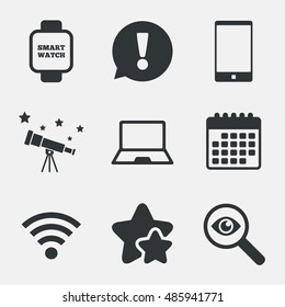 Notebook and smartphone icons. Smart watch symbol. Wi-fi sign. Wireless Network symbol. Mobile devices. Attention, investigate and stars icons. Telescope and calendar signs. Vector