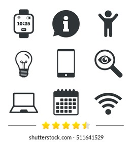 Notebook and smartphone icons. Smart watch symbol. Wi-fi and battery energy signs. Wireless Network symbol. Mobile devices. Information, light bulb and calendar icons. Investigate magnifier. Vector