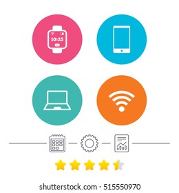 Notebook and smartphone icons. Smart watch symbol. Wi-fi and battery energy signs. Wireless Network symbol. Mobile devices. Calendar, cogwheel and report linear. Star vote ranking. Vector