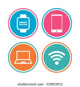 Notebook and smartphone icons. Smart watch symbol. Wi-fi sign. Wireless Network symbol. Mobile devices. Colored circle buttons. Vector