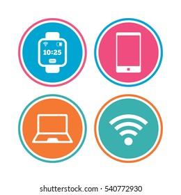 Notebook and smartphone icons. Smart watch symbol. Wi-fi and battery energy signs. Wireless Network symbol. Mobile devices. Colored circle buttons. Vector