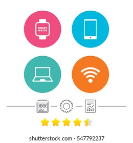 Notebook and smartphone icons. Smart watch symbol. Wi-fi sign. Wireless Network symbol. Mobile devices. Calendar, cogwheel and report linear icons. Star vote ranking. Vector