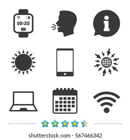 Notebook and smartphone icons. Smart watch symbol. Wi-fi and battery energy signs. Wireless Network symbol. Mobile devices. Information, go to web and calendar icons. Sun and loud speak symbol. Vector