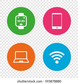 Notebook and smartphone icons. Smart watch symbol. Wi-fi and battery energy signs. Wireless Network symbol. Mobile devices. Round buttons on transparent background. Vector