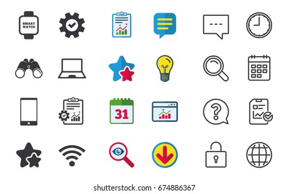 Notebook and smartphone icons. Smart watch symbol. Wi-fi sign. Wireless Network symbol. Mobile devices. Chat, Report and Calendar signs. Stars, Statistics and Download icons. Question, Clock and Globe