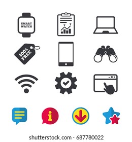 Notebook and smartphone icons. Smart watch symbol. Wi-fi sign. Wireless Network symbol. Mobile devices. Browser window, Report and Service signs. Binoculars, Information and Download icons. Vector