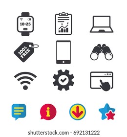 Notebook and smartphone icons. Smart watch symbol. Wi-fi and battery energy signs. Wireless Network symbol. Mobile devices. Browser window, Report and Service signs. Vector