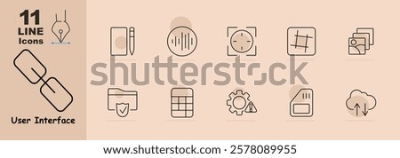 Notebook, soundwave, focus, grid, gallery, secure folder, table, settings, warning gear, upload download. Icons represent interface design elements for file management and editing