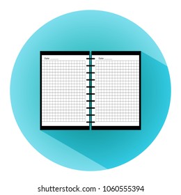 Notebook with spiral binder. Blank open notepad with lines on turquoise blue background with long shadow. Flat style