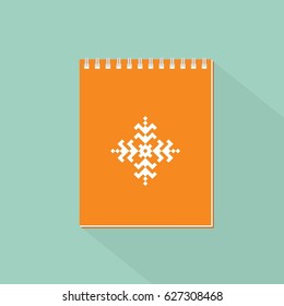 Notebook with spiral binder long shadow icon on green background. School notebook. Diary for business. Notebook cover design. Realistic Notepad. Vector flat illustration