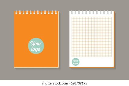 Notebook with spiral binder long shadow icon on dark background. School notebook. Diary for business. Notebook cover design template. Realistic notepad. Vector flat illustration