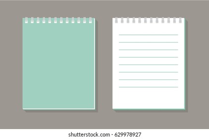 Notebook with spiral binder long shadow icon on dark background. School notebook. Diary for business. Notebook cover design template. Realistic notepad. Vector flat illustration