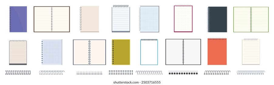 Notebook spiral binders icons set. Variety of blank spiral notebooks with different colored covers, sizes, and binding styles are depicted, offering options for note taking