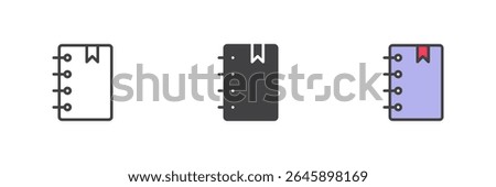 Notebook with spiral binding and bookmark tab icon in line, solid and filled outline style. Vector icon set representing notes or journal. Colorful symbol pack.