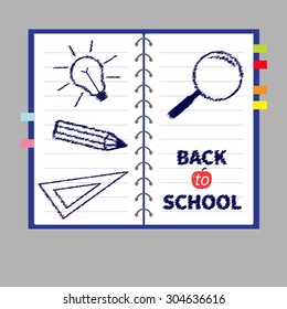 Notebook spiral blank lined paper and bookmarks. Magnifier, pencil, light bulb, ruler. Back to school Flat design Vector illustration 