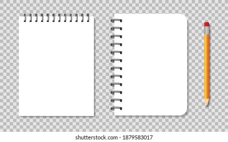 Notebook with spiral. Blank notepad with metallic binder. Mockup of white diary with pencil. Template of realistic square copybook isolated on transparent background. Sketchbook for note. Vector.