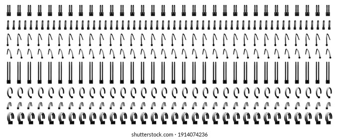 Espirales de cuaderno, enlaces de anillo de acero de alambre y resortes para calendario, diario, bloc de notas, cubierta de documento o hojas de folleto, costura metálica aislada sobre fondo blanco. Ilustración vectorial 3d realista, conjunto
