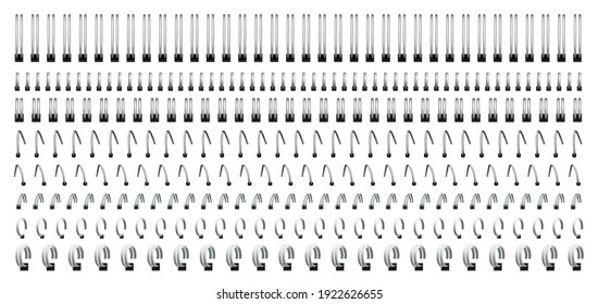 Notebook spirals, wire steel ring bindings and springs for calendar, diary, notepad, document cover or booklet sheets, metal stitch isolated on white background. Realistic 3d vector illustration, set