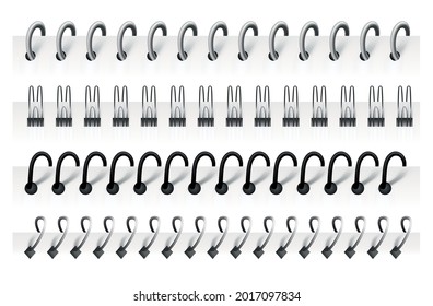 Notebook spirals, wire steel ring bindings and springs for calendar, diary, notepad, document cover or booklet sheets. Metal stitch isolated on white background. Can use as page divider