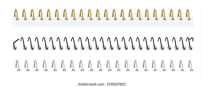 Notebook-Spiralen, Draht-Stahlring-Bindungen und Federn für Kalender, Tagebuch, Notizblock, Dokumentenabdeckung oder Bücherhefte, Metallstich einzeln auf weißem Hintergrund. Vektorgrafik, Set